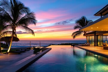Obraz premium A pool with a view of the ocean at sunset
