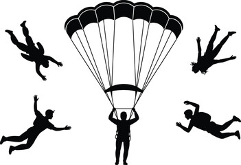 Skydiving silhouettes, parachute descent, extreme sport action, aerial jump, freefall formation, human figures in air, adventure flight, outdoor adrenaline scene
