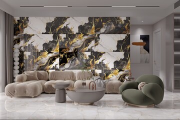 Cozy apartment living room interior with featuring quartz console and warm tone lights, beige sofa set with green cozy sofa. 3D Illustrations. 3D Rendering