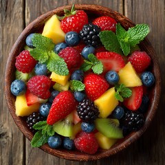 Obraz premium Fresh fruit salad on a wooden background. Top view.