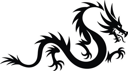 Tribal dragon silhouette vector, fierce mythical creature design, fantasy tattoo art, black spiky reptile illustration, horned beast with claws and tail