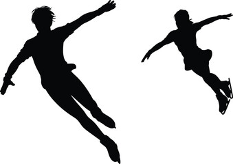 Ice skating silhouette, winter sport vector, dynamic skating pose, athletic movement, graceful balance, cold season activity, black figure illustration, stock art