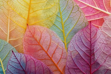 Obraz premium Colorful Skeletal Leaves Macro Texture with Yellow Red Blue and Purple Tones in Abstract Pattern with Intricate Veins and White Background
