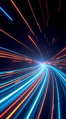Fototapeta premium A futuristic, neon-lit tunnel of swirling blue and orange light trails against a dark backdrop, evoking speed, digital energy, and cosmic wonder. Perfect for tech or sci-fi themes.