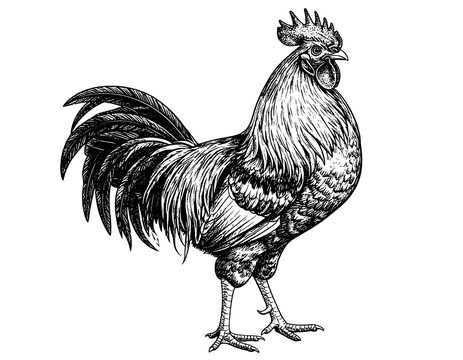 A detailed, monochrome illustration of a strutting rooster
