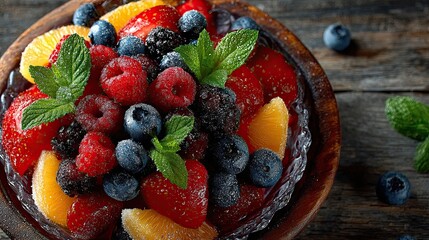 Obraz premium Fresh fruit salad on a wooden background. Top view.