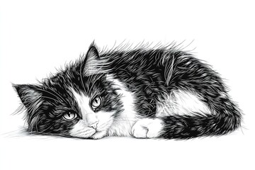 A monochrome drawing of a fluffy black and white cat lying down with its head resting on the ground