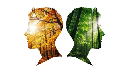 Double exposure of human profiles filled with autumn forest and vibrant green forest imagery Silhouette Head Face Fall Season Orange Yellow Trees Woods transparent background