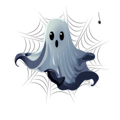 Cute Halloween ghost with spider web background

