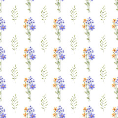 Seamless pattern, floral minimalist background with watercolor blue flowers. Repeat fabric wallpaper print texture. Perfectly for backdrop, wrapped paper.