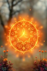 An intricate orange mandala glows amidst an outdoor blurred background. Delicate flowers frame the scene, adding a natural touch.