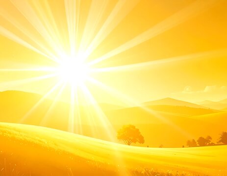 A bright, sunlit scene of rolling hills, bathed in golden light