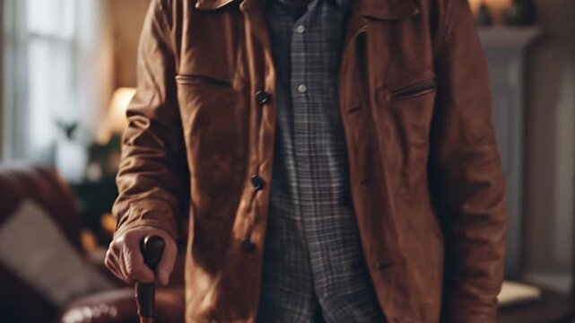 An old man holds a stick with one hand and then holds it with the other hand and then walking torward camera