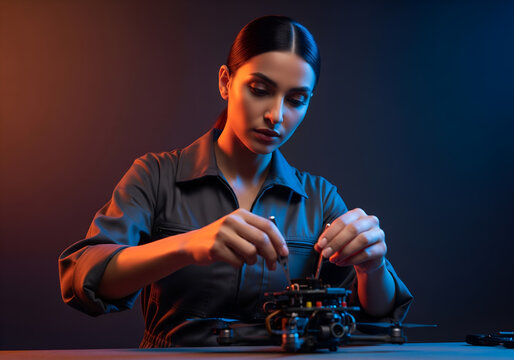 Female engineer repairing a drone, a focused woman technician working on technology. Woman in STEM fixing a drone with tools. - Powered by Adobe