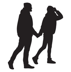 Couple Walking Silhouette Holding Hands, Isolated Vector
