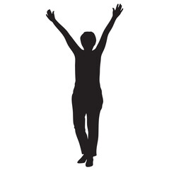 Silhouette of Woman with Arms Raised on White Background.