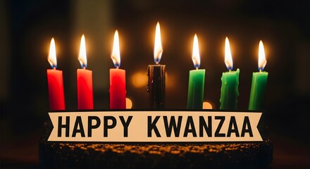 Happy kwanzaa celebration with kinara and candles on dark festive background