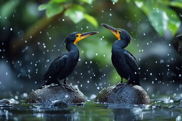Fototapeta premium Birds perched on rocks in gentle rain, showcasing their glossy feathers and vibrant colors in a serene natural setting