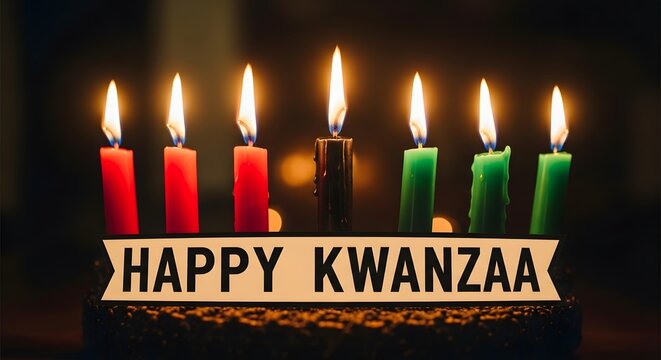 Happy kwanzaa celebration with kinara and candles on dark festive background