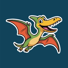 Cartoon pterodactyl with green body orange wings and yellow beak flying against a blue background © Anna