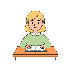 Girl Reading at Desk Vector Illustration of a Young Student Focused on a Book, Isolated on White