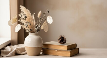 Cozy autumn still life with a bouquet of dried flowers and pampas grass in a ceramic vase, vintage books and a pine cone. Rustic minimalist home decor.