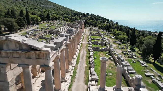 Ancient Greek Temple Ruins - An aerial view of the ruins of the ancient Temple of Artemis at Loutraki, Greece.