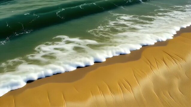 Ocean wave rolls gently onto golden sandy beach under bright daylight. Nature seascape concept
