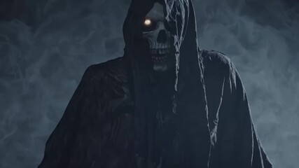 Reaper emerges slowly from smoky darkness. Hooded skeleton with skull face stares forward. Tattered cloak drapes over grim shoulder. Glowing eye suggests supernatural horror and scary monster - Powered by Adobe