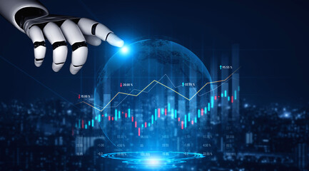 A futuristic robotic hand touching a digital globe, highlighting financial data and trends, representing innovation, technology, and investment analysis in modern finance. Scalp