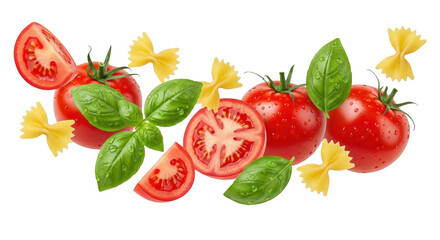Naklejka premium Fresh red tomatoes green basil leaves and bow tie pasta scattered with water droplets isolate italian food ingredient cooking cuisine raw natural healthy