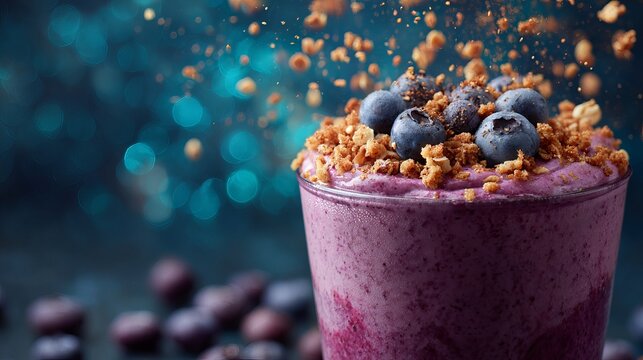 Indulge in a vibrant blueberry smoothie topped with crunchy granola and fresh berries, perfect for a healthy lifestyle. - Powered by Adobe