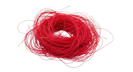 A tangled mass of thin red string with small yellow tips artfully arranged isolate thread fiber material craft transparent background yarn texture abstract