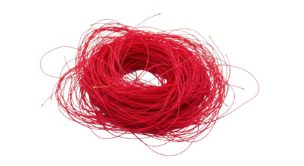 A tangled mass of thin red string with small yellow tips artfully arranged isolate thread fiber material craft transparent background yarn texture abstract