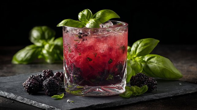 Refreshing blackberry basil cocktail with fresh berries and ice, perfect for summer drinks and bar menus.