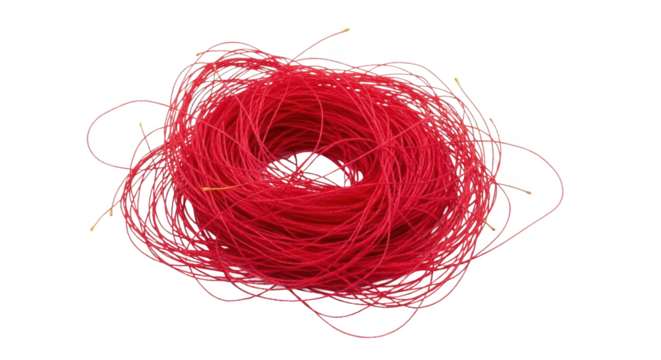 A tangled mass of thin red string with small yellow tips artfully arranged isolate thread fiber material craft transparent background yarn texture abstract