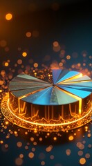 A futuristic, glowing pie chart with golden sparkles and radiant light beams, set against a dark background filled with bokeh lightssymbolizing data innovation or financial success in a sleek, high-te
