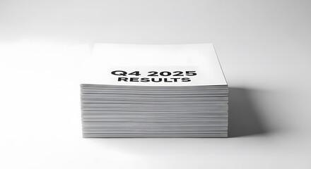 Stack of printed financial reports labeled Q4 2025 Results on white background