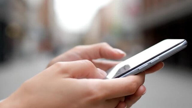 Close Up of a Person's Hands Holding a Silver Mobile Phone with Blurred Cityscape Backdrop, Focus on Fingers and Thumb Interacting with Screen, Warm Neutral Tone
