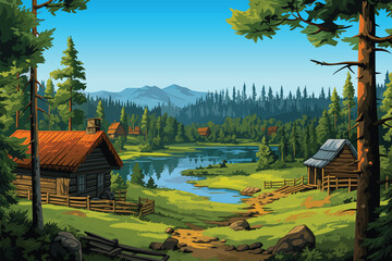 Fototapeta premium green hill village landscape pine tree background with grass and houses for nature and outdoor concept