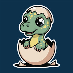A cartoon baby dinosaur hatching from a cracked egg with a cute smile on a dark blue background