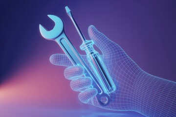 A digital hand holding a wrench and a screwdriver against a purple and pink gradient background