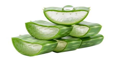 Stacked aloe vera slices some with gel one topped by a water droplet isolated on black with succulent plant green health medicinal natural organic skin care