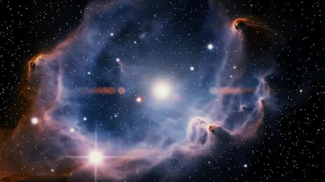 A wide video of a luminous nebula with swirling electric blue and fiery orange-pink cosmic dust, an incandescent central star, and sharp white stars in deep space, capturing profound cosmic beauty.