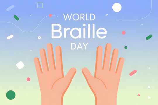 minimalist design for accessibility celebration with hand icon and geometric shapes promoting literacy and empowerment