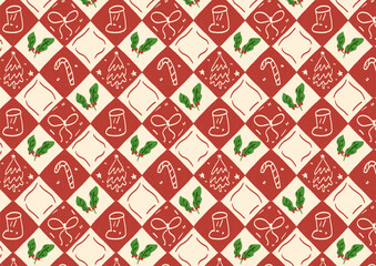 A modern geometric Christmas pattern featuring candy canes, holly leaves, trees, ribbons, and boots in a red and cream checker style perfect for holiday wrapping paper, textiles, and festive decor.