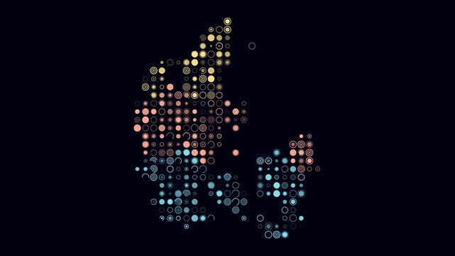 Denmark map animation. Shape of the country with pulsating colored dots. Large size circle blocks. Digital style Denmark map on dark background. Classy video.