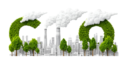 Green city with factory smoke forming clouds isolated on transparent background