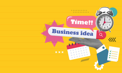 Trendy Halftone Collage Laptop with Search bar and Hand, business Concept