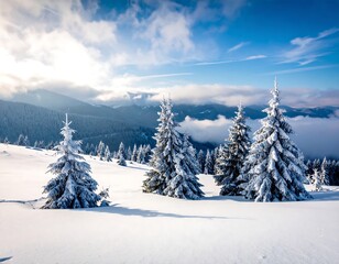 Snowy vista with frost-covered evergreen trees and majestic mountain views